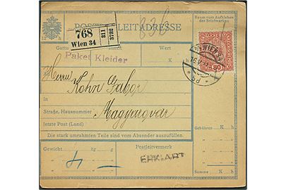 80 h. single på adressekort for pakke fra Wien d. 16.5.1917 til Magyarivar, Ungarn.