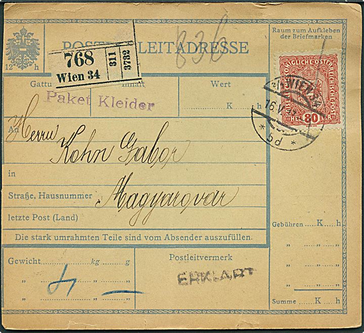 80 h. single på adressekort for pakke fra Wien d. 16.5.1917 til Magyarivar, Ungarn.