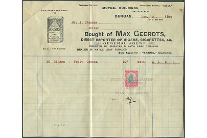 1d anvendt som stempelmærke på kvittering fra Durban d. 5.12.1927.