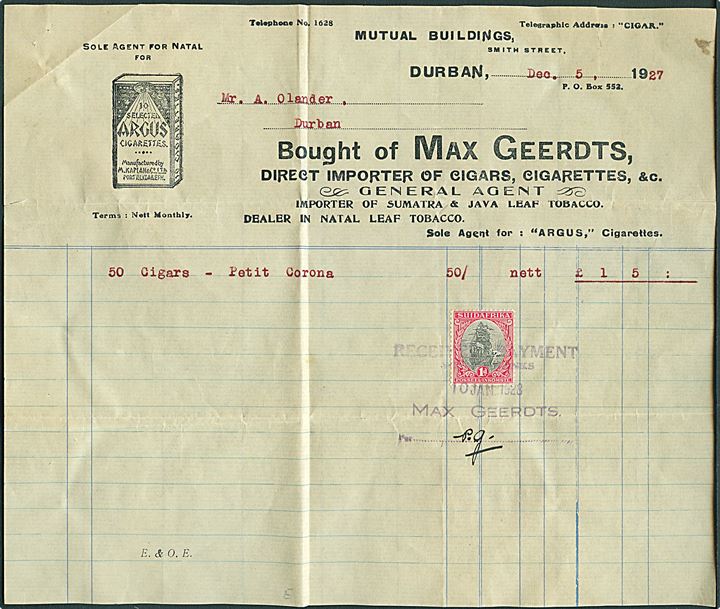 1d anvendt som stempelmærke på kvittering fra Durban d. 5.12.1927.