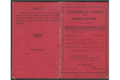 Coachbuilders' Society of South Afrika. Medlemsbog med kvittering for betalt medlemsskab i 1919-1920. 