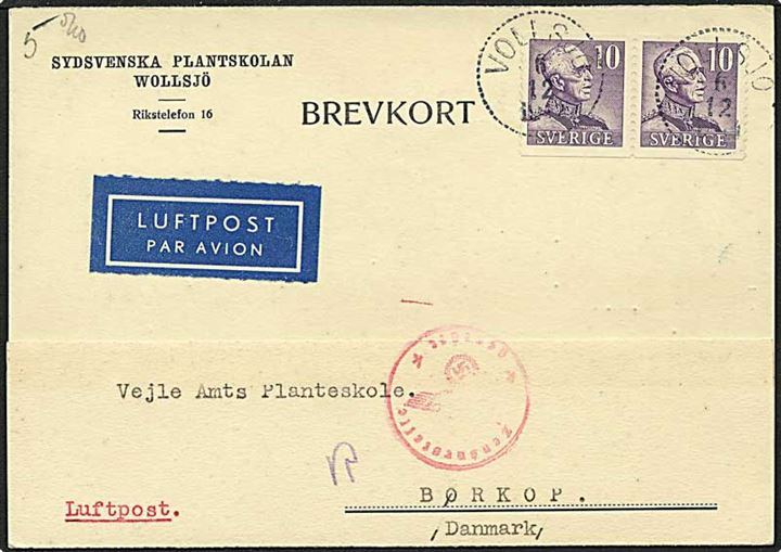 10 øre violet Gustav på luftpost brevkort fra Vollsjö, Sverige, d. 6.12.1944 til Børkop. Tysk censur.