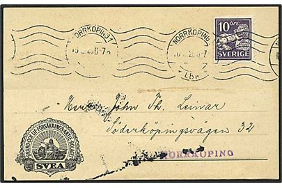 10 øre violet løve på lokalt sendt brevkort fra Norrköping, Sverige, d. 15.8.1926.