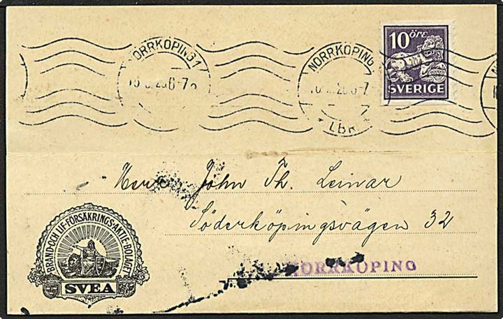 10 øre violet løve på lokalt sendt brevkort fra Norrköping, Sverige, d. 15.8.1926.