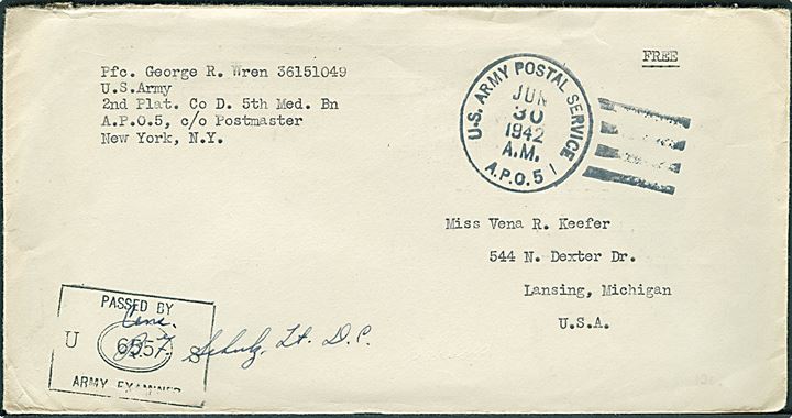 Ufrankeret Free mail feltpostbrev stemplet U.S. Army Postal Service APO 5 (= Baldurshagi, Island) d. 30.6.1942 til USA. Fra menig i 2nd Platoon, Co. D, 5th Medical Batallion APO 5. Sort unit censor no. 655.