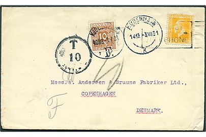 New Zealand 2d George V på underfrankeret brev 1931 til København, Danmark. Udtakseret i porto med 10 øre Portomærke stemplet Kjøbenhavn F. d. 3.7.1931.