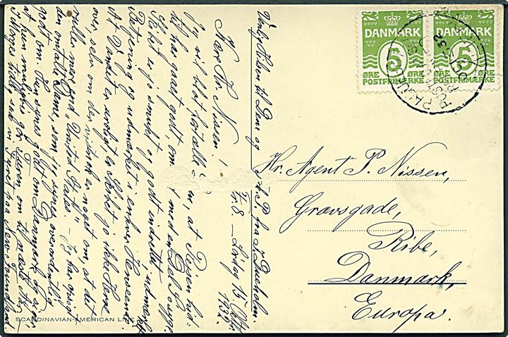 5 øre Bølgelinie i parstykke på brevkort (S/S Frederik VIII) annulleret med canadisk skibsstempel Paquebot Posted at Sea Received Halifax d. 15.10.1932 til Ribe, Danmark.
