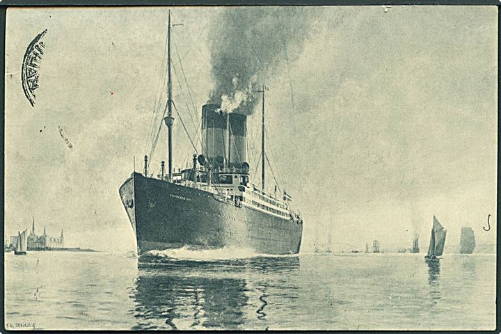 5 øre Bølgelinie i parstykke på brevkort (S/S Frederik VIII) annulleret med canadisk skibsstempel Paquebot Posted at Sea Received Halifax d. 15.10.1932 til Ribe, Danmark.