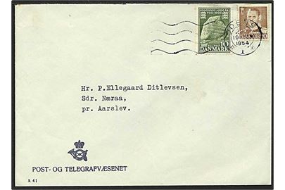 10 øre grøn Jelling Sten og 20 øre brun Fr. IX på brev fra Odense d. 19.2.1964 til Aarslev. Odense Posthus ovalstempel på bagsiden af kuverten.