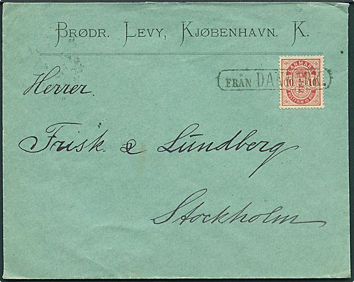 10 øre Våben på brev fra Kjøbenhavn annulleret med svensk skibsstempel Från Danmark og sidestemplet PKXP No. 62A d. 21.9.1891 til Stockholm.