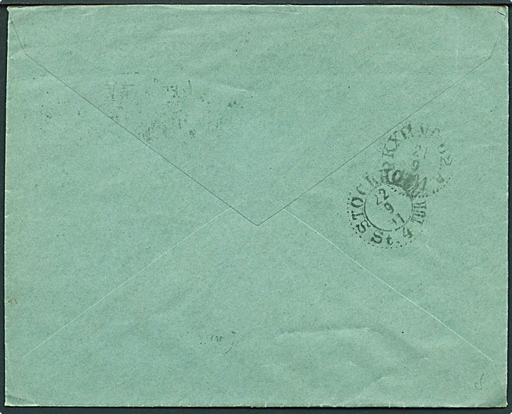 10 øre Våben på brev fra Kjøbenhavn annulleret med svensk skibsstempel Från Danmark og sidestemplet PKXP No. 62A d. 21.9.1891 til Stockholm.