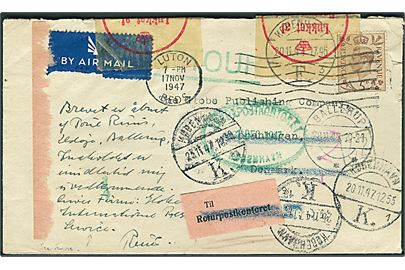 Engelsk 5d George VI på luftpostbrev fra Luton d. 17.11.1947 til København, Danmark. Forespurgt flere gange og åbnet af returpostkontoret
