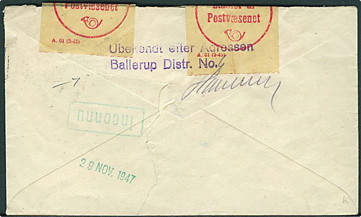 Engelsk 5d George VI på luftpostbrev fra Luton d. 17.11.1947 til København, Danmark. Forespurgt flere gange og åbnet af returpostkontoret