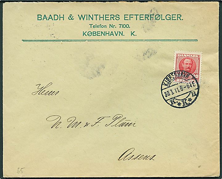 10 øre Fr. VIII på illustreret firmakuvert fra Baadh & Winthers Efterfølger i Kjøbenhavn d. 30.3.1911 til Assens. På bagsiden reklame for Neckarsulmer Cycler.