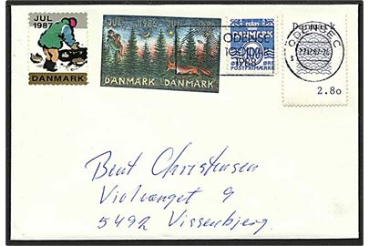 1 kr. lyseblå bølgelinie samt hjemmelavet frimærke på 2,80 kr. samt utakket julemærke 1986, 1987 på brev fra Odense d. 22.12.1987 til Vissenbjerg.