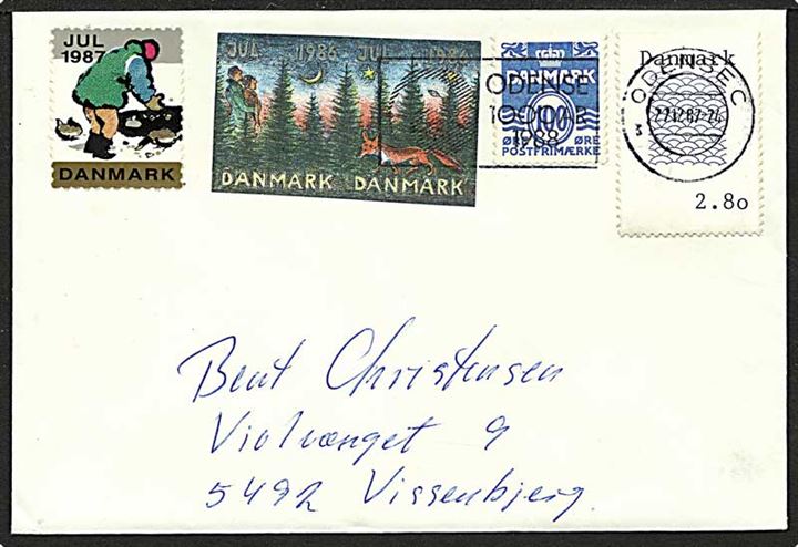 1 kr. lyseblå bølgelinie samt hjemmelavet frimærke på 2,80 kr. samt utakket julemærke 1986, 1987 på brev fra Odense d. 22.12.1987 til Vissenbjerg.