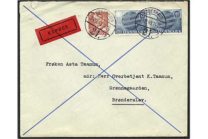 20 øre rød Fr. IX og 40 øre blå verdenspostforeningen på expres brev fra København d. 24.12.1949 til Brønderslev.