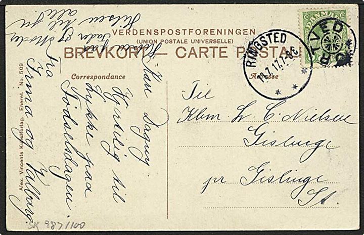 5 øre grøn Chr. X på postkort fra Ortved d. 11.7.1917 til Gislinge. Ortved stjernestempel.