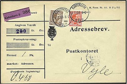 10 øre rød og 25 øre brun Chr. på adressebrev fra København d. 3.7.1916 til Vejle.
