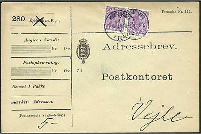 15 øre violet Chr. på adressebrev fra København d. 3.5.1915 til Vejle.
