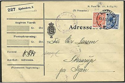 10 øre rød og 20 øre blå Chr. på adressebrev fra København d. 25.1.1917 til Skaarup.