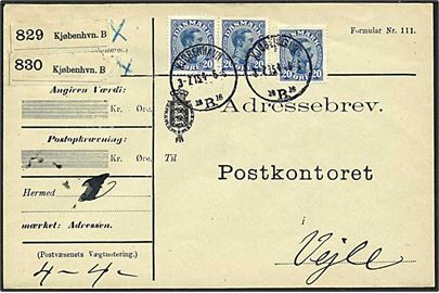 20 øre blå Chr. X på adressebrev fra København d. 3.7.1915 til Vejle.