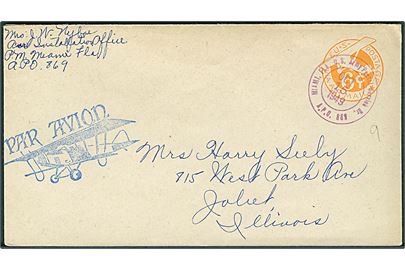 Amerikansk 6 cents luftpost helsagskuvert stemplet Miami Fl. U.S. Army Postal Service Br. APO 869 (= Ft. Real, Trinidad) d. 15.10.1949 til USA.
