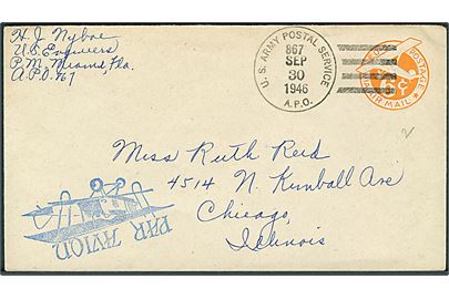 6 cents luftpost helsagskuvert stemplet U. S. Army Postal Service APO 867 (= Vieux Fort, St. Lucia) d. 30.9.1946 til USA. 