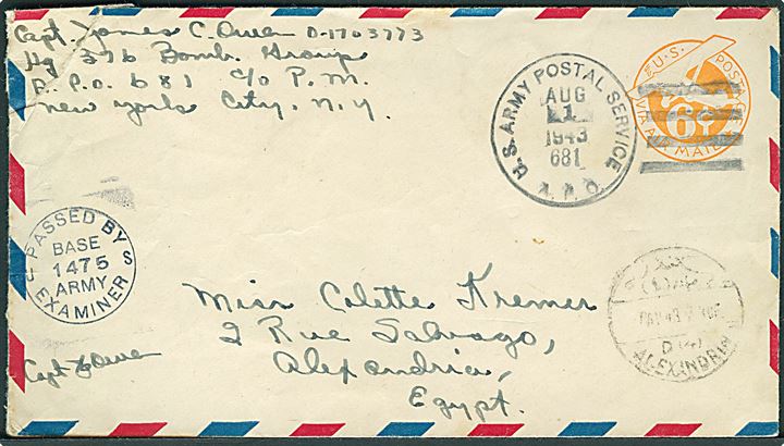 6 cents luftpost helsagskuvert stemplet U. S. Army Postal Service APO 681 (= Berka #2, Benghazi) d. 1.8.1943 til Alexandria, Egypten. Base censor no. 1475.