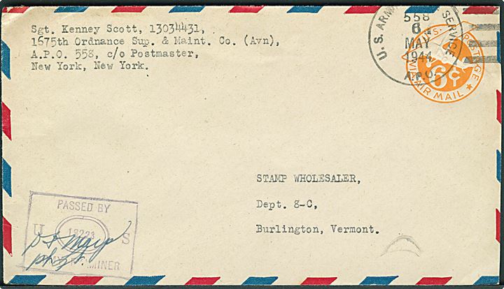 6 cents luftpost helsagskuvert stemplet U. S. Army Postal Service APO 558 (= Bungay, England) d. 6.5.1944 til USA. Unit censor no. 13223.