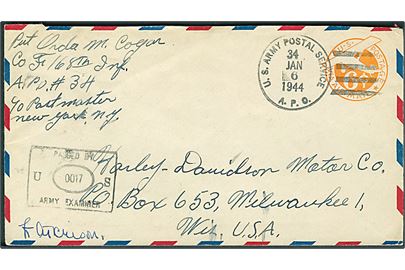 6 cents luftpost helsag stemplet U. S. Army Postal Service APO 34 (= Caserta, Italien) d. 6.1.1944 til USA. Fra soldat ved Co. F 168th Infantry Regt. Unit censor no. 0017.