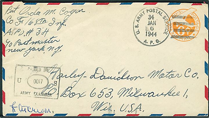 6 cents luftpost helsag stemplet U. S. Army Postal Service APO 34 (= Caserta, Italien) d. 6.1.1944 til USA. Fra soldat ved Co. F 168th Infantry Regt. Unit censor no. 0017.