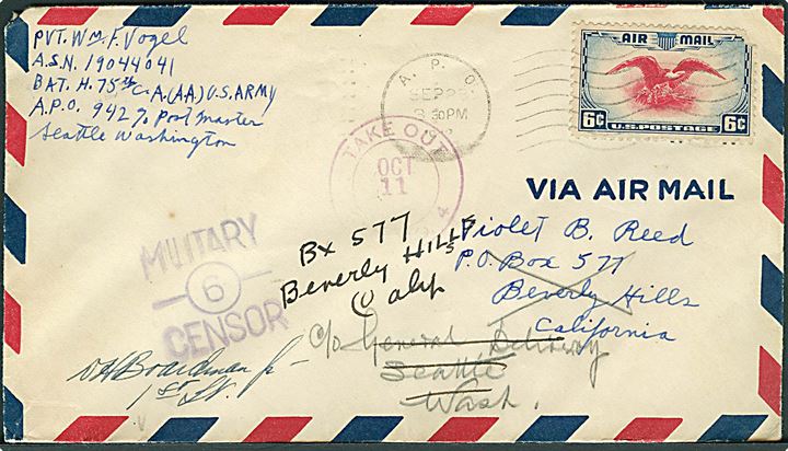 6 cents (defekt) på luftpostbrev stemplet A.P.O. d. 23.9.1942 til Beverley Hills, USA - retur. Fra soldat ved APO 942 (= Fort Richardson, Alaska). Lokal censur: Military Censor 6. 