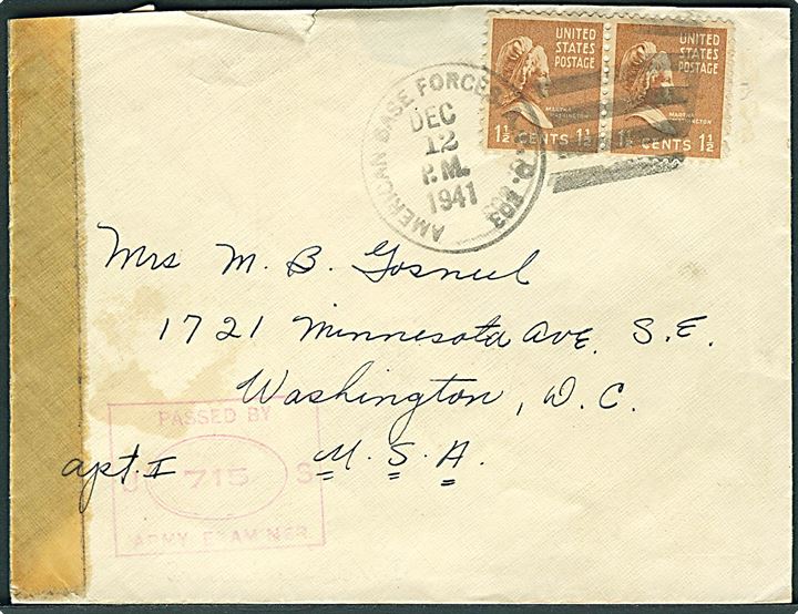 1½ cents Martha Washington i parstykke på brev stemplet American Base Forces APO 803 (= Port of Spain, Trinidad) d. 12.12.1941 til USA. Unit censor no. 715.