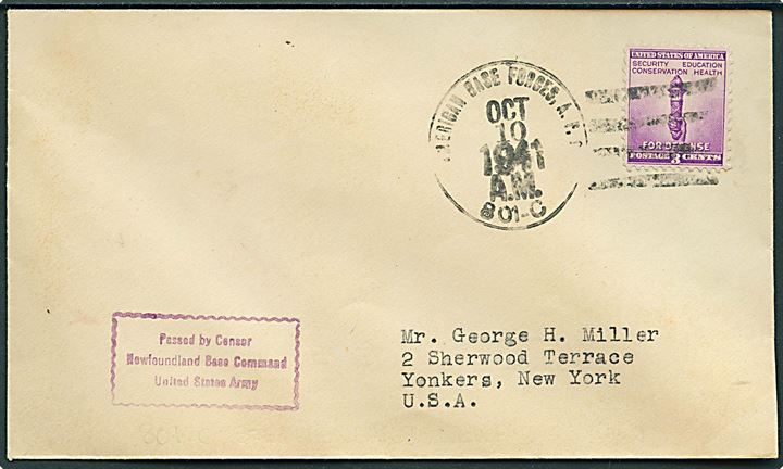 Amerikansk 3 cents Defence på filatelistisk brev stemplet American Base Forces APO 801-C (= Newfoundland Airport) d. 10.10.1941 til USA. Rammestempel: Passed by Censor Newfoundland Base Command United States Army.
