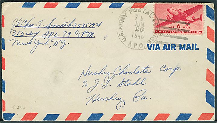 6 cents Transport på luftpostbrev stemplet U. S. Army Postal Service APO 79 (= Asch, Tjekkoslovakiet) d. 26.6.1945 til USA. Fra soldat ved 313rd Infantry APO 79.