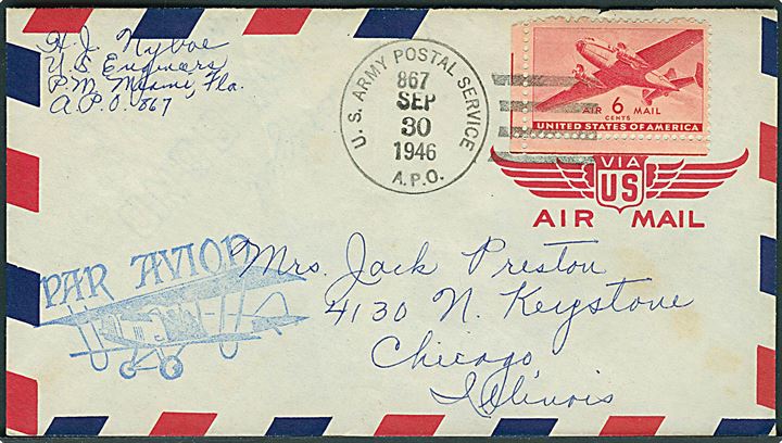 6 cents Air Mail på luftpostbrev stemplet U. S. Army Postal Service APO 867 (= Vieux Fort, St. Lucia) d. 30.9.1946 til USA.