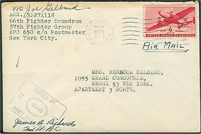 6 cents Transport på luftpostbrev stemplet U. S. Army Postal Service APO 767 (= Grosseto, Italien) d. 8.1.1945 til USA. Fra 66th Fighter Squadron, 57th Fighter Group APO 650 (= Florence, Italien). Unit censor no. 22048.