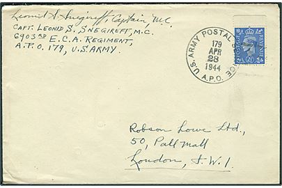 Engelsk 2½d George VI på brev stemplet U. S. Army Postal Service APO 179 (= Manchester, England) d. 28.4.1944 til London. Fra soldat ved 6903rd E.C.A. Regiment.