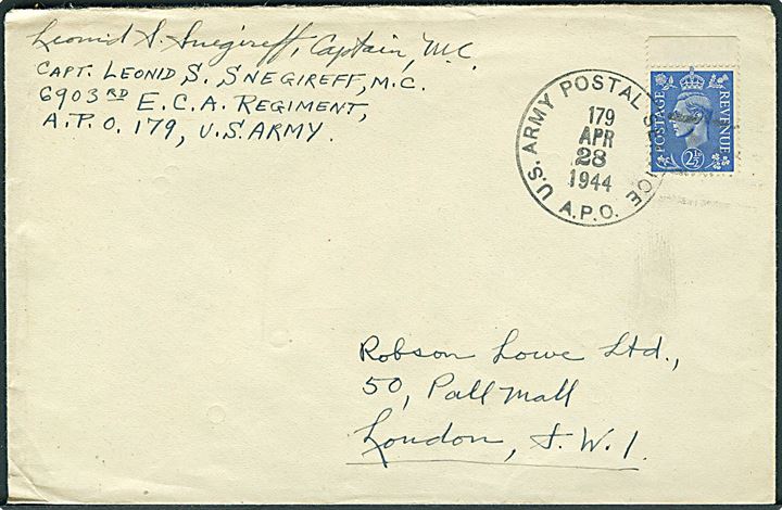 Engelsk 2½d George VI på brev stemplet U. S. Army Postal Service APO 179 (= Manchester, England) d. 28.4.1944 til London. Fra soldat ved 6903rd E.C.A. Regiment.