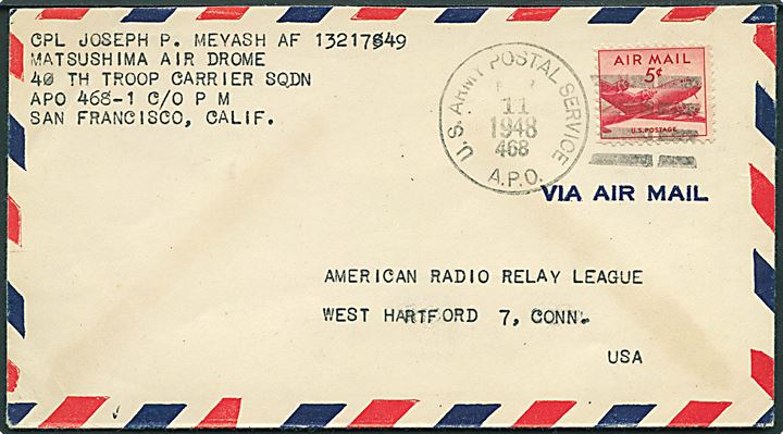 5 cents luftpost på luftpostbrev stemplet U.S.Army Postal Service APO 468 (= Sapporo, Japan) d. 11.3.1948 til USA. Fra Matsuhshima Air Drome APO 468-1 (= Sendai, Japan). 