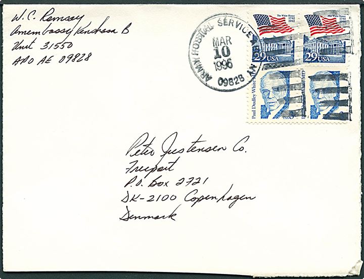 64 cents frankeret brev stemplet Army Postal Service APO NY 09828 d. 10.3.1995 til København, Danmark. APO 09828 = American Embassy, Kinshasa, Dem. Rep. of Congo.