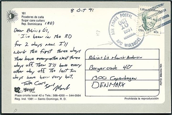 Amerikansk 40 cents på brevkort stemplet Air Force Postal Service APO MIA 34041 d. 10.10.1991 til København, Danmark. APO MIA 34041 = American Embassy, Santo Domingo i Den Dominikanske Republik.