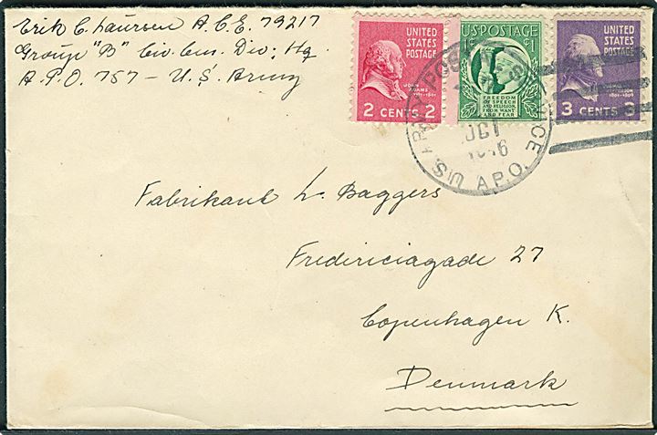 6 cents frankeret feltpostbrev stemplet U.S.Army Postal Service APO 757 (= Frankfurt, Tyskland) d. x.10.1946 til København, Danmark. Fra dansk postcensor ved Group B, Civil Censorship Division.