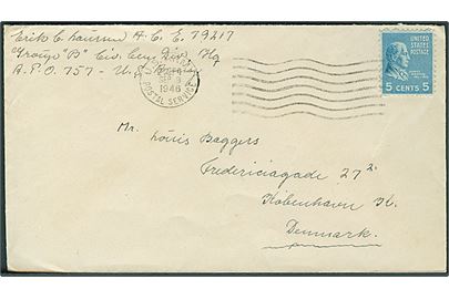 5 cents frankeret feltpostbrev stemplet U.S.Army Postal Service BPO 24 (= Frankfurt, Tyskland) d. 9.9.1946 til København, Danmark. Fra dansk postcensor ved Group B, Civil Censorship Division, APO 757 (= Frankfurt, Tyskland).