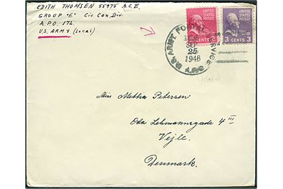 5 cents frankeret feltpostbrev stemplet U.S.Army Postal Service APO 154 (= Stuttgart, Tyskland) d. 25.9.1946 til Vejle, Danmark. Fra dansk postcensor ved Group E, Civil Censorship Division, APO 172 (= Esslingen, Tyskland). Bagklap mgl.