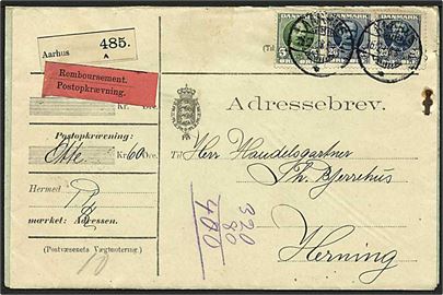 5 øre og 20 øre (par) Fr. VIII på adressebrev for pakke med postopkrævning fra Aarhus 16.12.1908 til Herning.