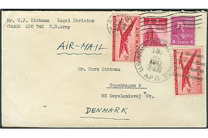 16 cents på luftpostbrev stemplet U.S.Army Postal Service APO 742 (= Berlin, Tyskland) d. 15.7.1947 til København, Danmark. Fra Legal Division OMGUS APO 742.
