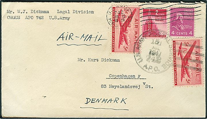 16 cents på luftpostbrev stemplet U.S.Army Postal Service APO 742 (= Berlin, Tyskland) d. 15.7.1947 til København, Danmark. Fra Legal Division OMGUS APO 742.
