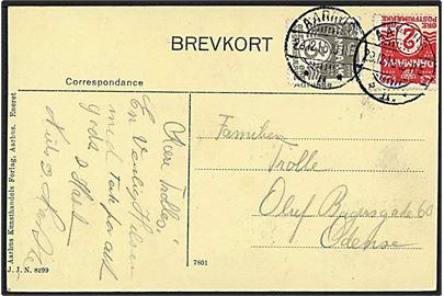 2 øre og 3 øre med variant TF sammenhængende Bølgelinie på brevkort (Aarhus Theatret) fra Aarhus II d. 29.12.1915 til Odense.